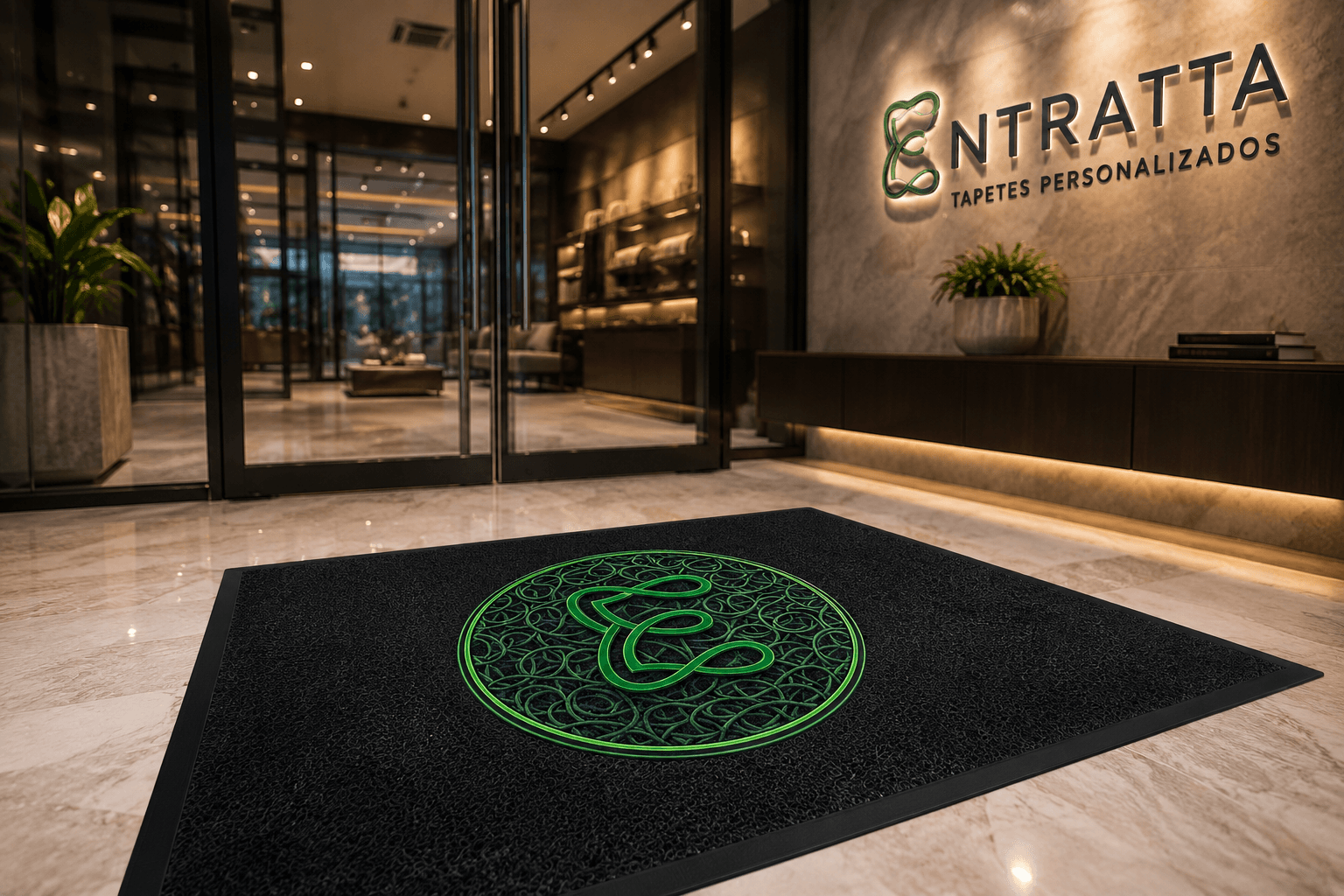 Entrada comercial com capacho personalizado vinil ENTRATTA com logo e identidade visual da marca